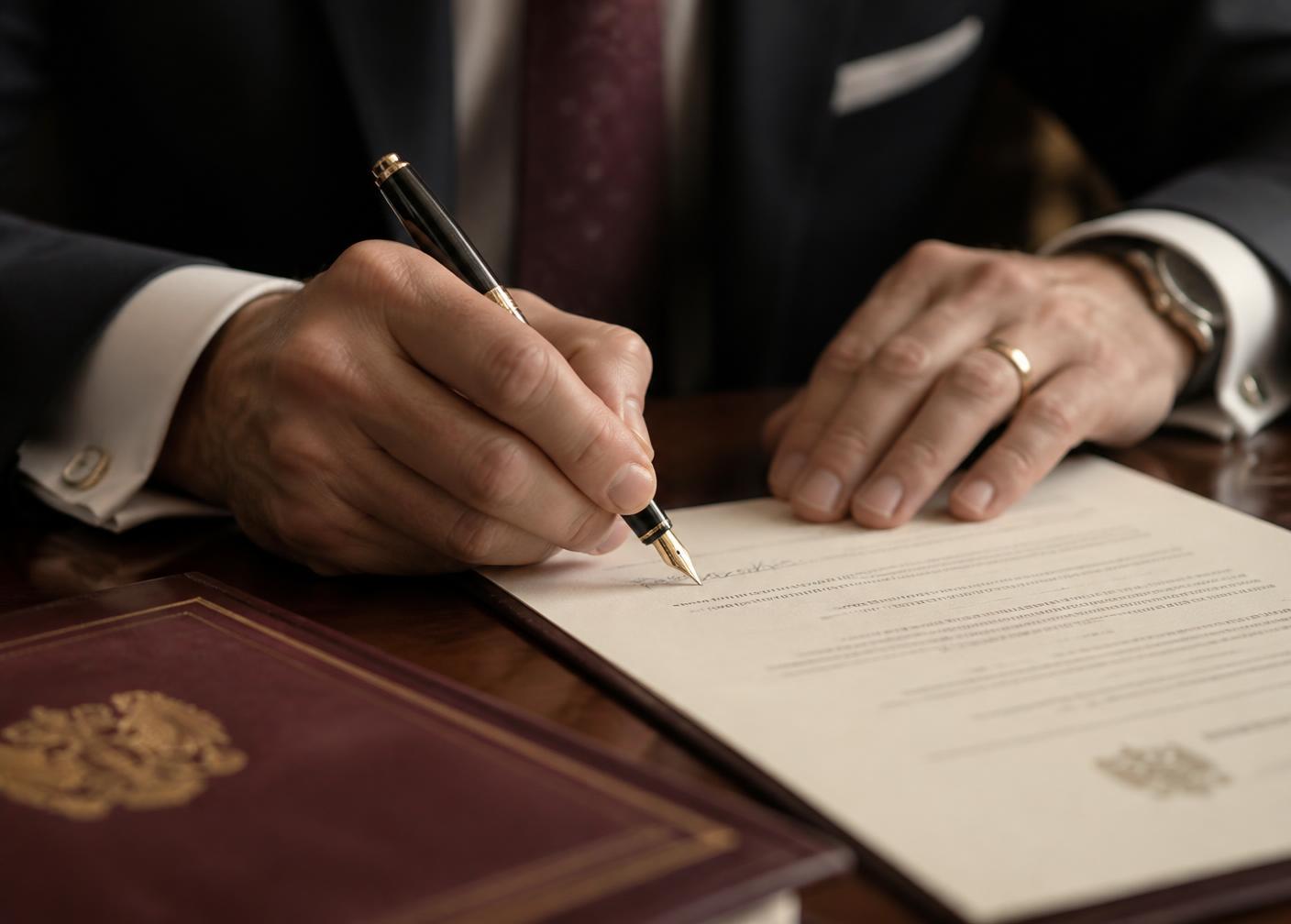 Firma de un acuerdo de mediación sobre un escritorio de despacho